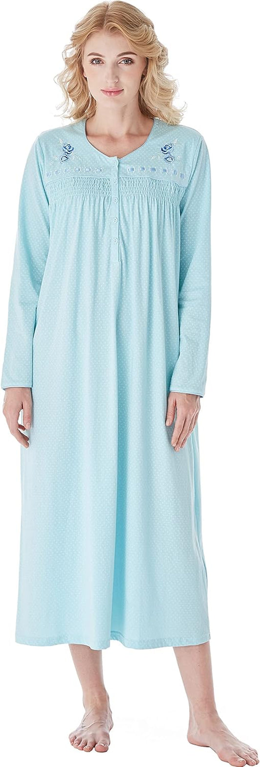 Nightgowns for Women, Soft Cotton Comfy Lightweight Embroidered Long-Sleeve Nightdress