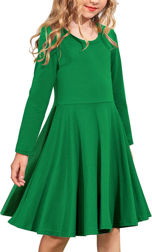 Girls Long Sleeve Stretchy Dress a Line Twirly Skater School Party Dress