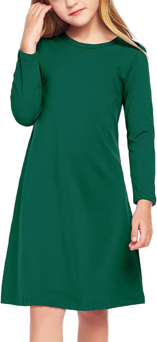 Girls Dress Kids Long Sleeve Solid Color Casual T-Shirt Dress
