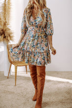 Load image into Gallery viewer, Floral 3/4 Sleeve V-Neck High Waist Ruffle Dress