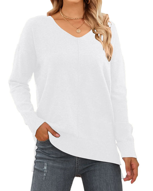 V Neck Sweaters for Women Fall Lightweight Knit Pullover Sweater Side Slits Tops