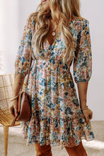 Load image into Gallery viewer, Floral 3/4 Sleeve V-Neck High Waist Ruffle Dress