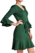 Load image into Gallery viewer, Tayte Dress - V-neck 3/4 sleeve dress with ruffle accents and self