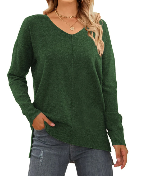 V Neck Sweaters for Women Fall Lightweight Knit Pullover Sweater Side Slits Tops