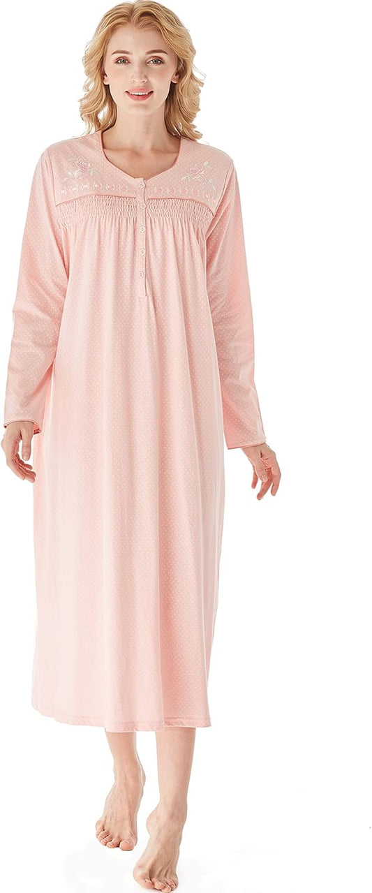 Nightgowns for Women, Soft Cotton Comfy Lightweight Embroidered Long-Sleeve Nightdress