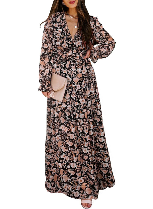 Women'S Maxi Dresses with Long Sleeve Bohemian Floral Loose Casual High Waist Boho Printed Maxi Dress Beach Party Dress S